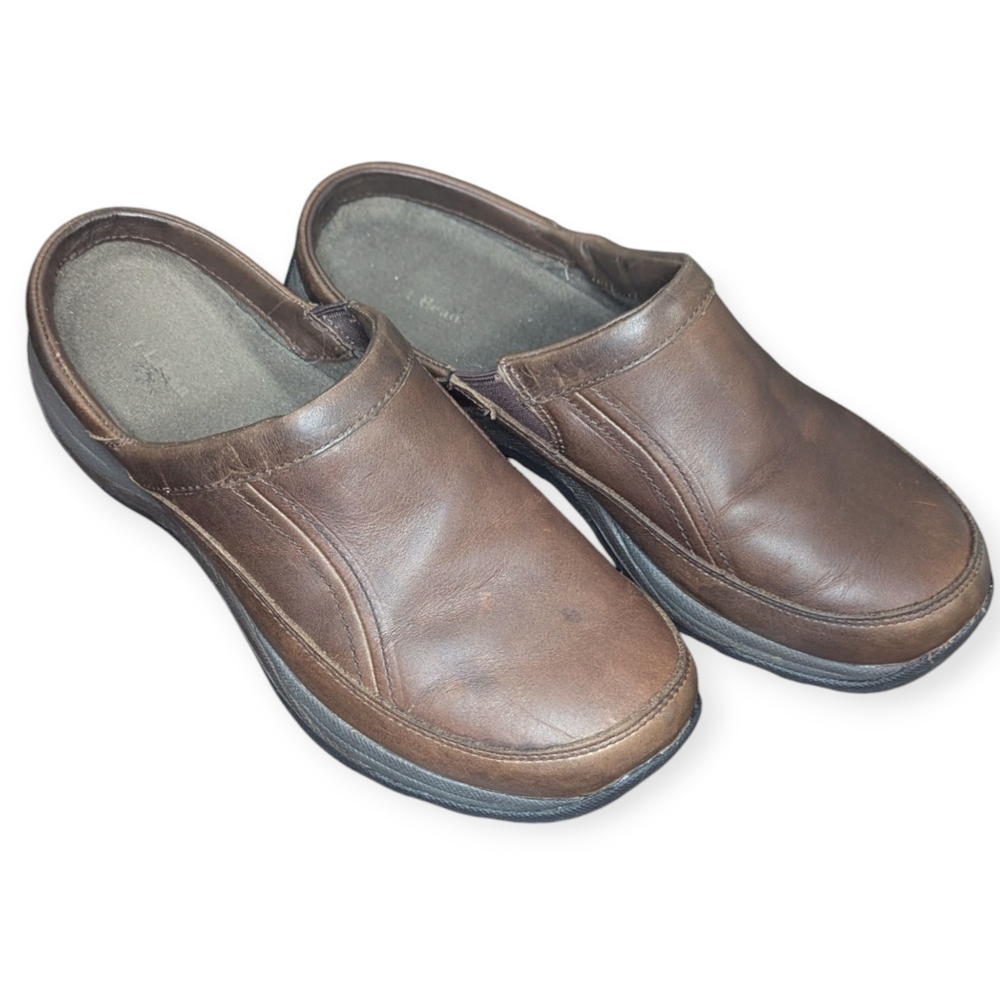 L.L. Bean Brown Leather Clog Mules Sliders Womens 10 Cottagecore Slip-ons Comfy